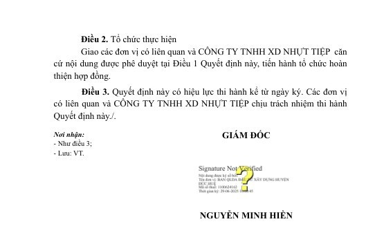 Ngày 29/6/2025, ông Nguyễn Minh Hiền - Giám đốc Ban Quản lý dự án Đầu tư xây dựng huyện Đức Huệ đã ký Quyết định KQ2500285606_2506290954 Công ty TNHH XD Nhựt Tiệp trúng thầu với giá 1.381.502.000 đồng. Nguồn: MSC 14.jpg