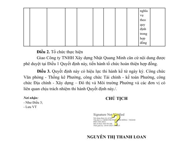 Ngày 20/5/2025, Chủ tịch UBND phường Linh Đông - bà Nguyễn Thị Thanh Loan đã phê duyệt Quyết định KQ2500153710_2505191105 Công ty TNHH Xây dựng Nhật Quang Minh trúng gói thầu số 4: Xây lắp với giá hơn 1,43 tỷ đồng. Nguồn: MSC 7.jpg