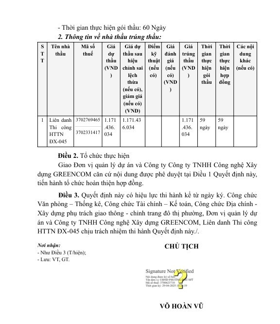 Ngày 29/4/2025, Chủ tịch UBND phường Phú Mỹ - ông Võ Hoàn Vũ đã phê duyệt Quyết định KQ2500118430_2504291535 liên danh Thi công HTTN ĐX-045 (Công ty TNHH Tư vấn – Xây dựng và Cầu đường Trường Phúc - Công ty TNHH MTV Xây dựng Thương mại Khương Minh Khang) trúng thầu với giá hơn 1,17 tỷ đồng thực hiện trong 59 ngày. Nguồn: MSC 33.jpg