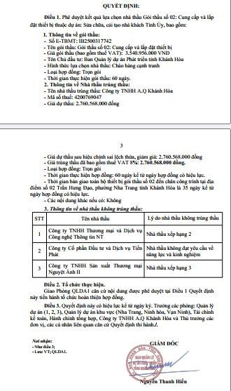 Một phần Quyết định số 387/QĐ-BQL phê duyệt kết quả lựa chọn nhà thầu cho Gói thầu số 02: Cung cấp và lắp đặt thiết bị thuộc Dự án Sửa chữa, cải tạo Nhà khách Tỉnh ủy (Nguồn: MSC) qd-pdkqlcnt-tinhuykhanhhoa.jpg