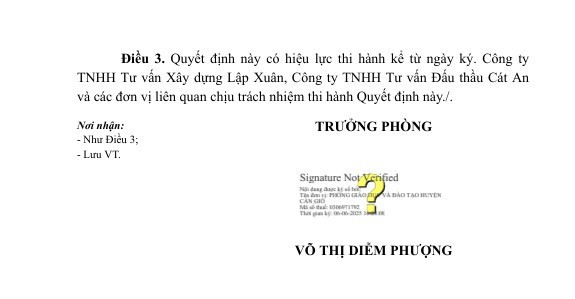 Trưởng phòng Phòng Giáo dục và Đào tạo huyện Cần Giờ - bà Võ Thị Diễm Phượng đã phê duyệt cho Quyết định KQ2500217581_2506061619 Công ty Xây dựng 8868 trúng thầu với giá hơn 2,319 tỷ đồng. Nguồn: MSC 6.jpg