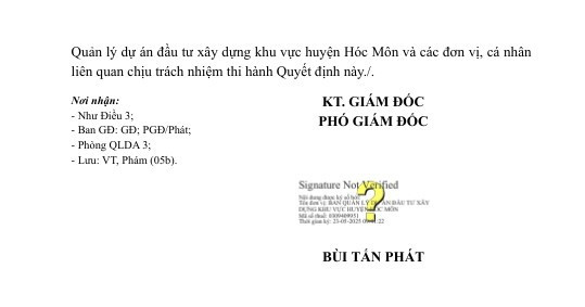 Ngày 23/5, ông Bùi Tấn Phát - Phó Giám đốc Ban QLDA huyện Hóc Môn đã ký Quyết định KQ2500147836_2505230924 Công ty TNHH Xây dựng – Thương mại – Dịch vụ Lê Văn Minh trúng thầu. Nguồn: MSC 71.jpg