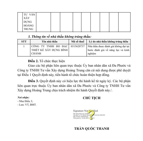 Ông Trần Quốc Thanh - Chủ tịch UBND xã Đa Phước huyện Bình Chánh đã ký Quyết định KQ2500257961_2506240808 Công ty TNHH Tư vấn Xây dựng Hoàng Trung trúng thầu với giá hơn 387 triệu đồng. Nguồn: MSC 6.jpg