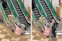 "Đu trend" công chúa đi siêu thị, cô gái suýt bị thang cuốn nuốt