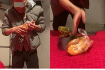 Đi ăn cỗ lấy phần mang về cho vợ, anh chồng tạo "điểm nhấn"