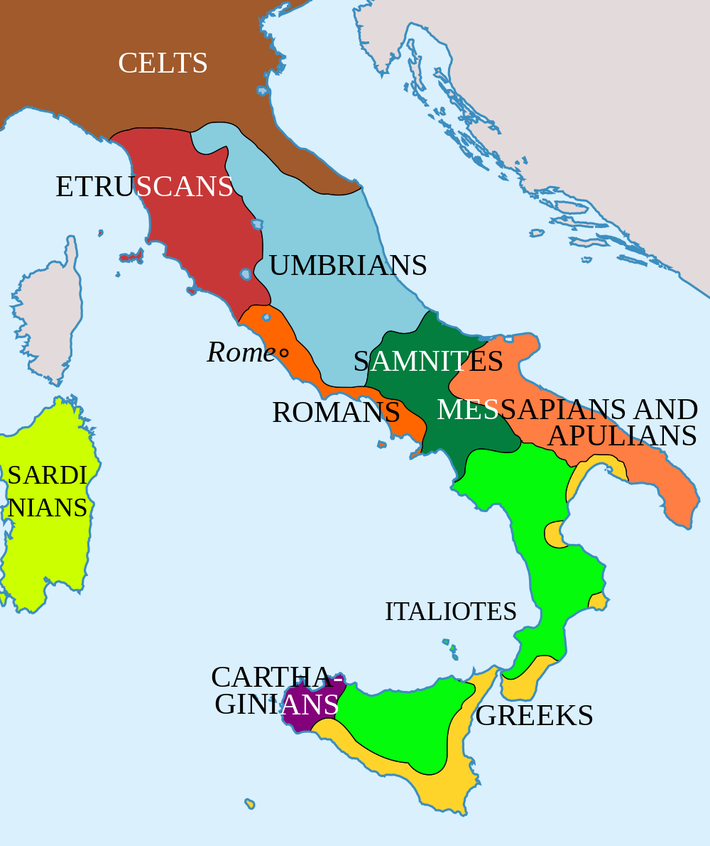 Thuở đầu, La Mã chỉ là một dải đất nhỏ hẹp ở miềng trung Italia. Việc mở mang lãnh thổ của La Mã diễn ra từ từ vì những cuộc chiến với láng giềng thường xuyên đe dọa chính sự tồn tại của họ. Năm 290 TCN, đế quốc La Mã làm chủ miền trung Italia và bắt đầu bành trướng ra toàn bán đảo.
