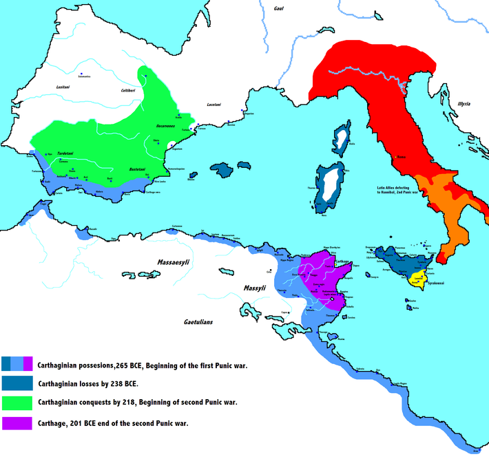 Sự đối nghịch giữa La Mã và Carthage đã dẫn đến ba cuộc chiến tranh Punic từ năm 264 TCN – 146 TCN. Các chiến thắng của La Mã đã khiến họ có được nhiều vùng đất ở Sicile, Sardinia, Tây Ban Nha và Bắc Phi.