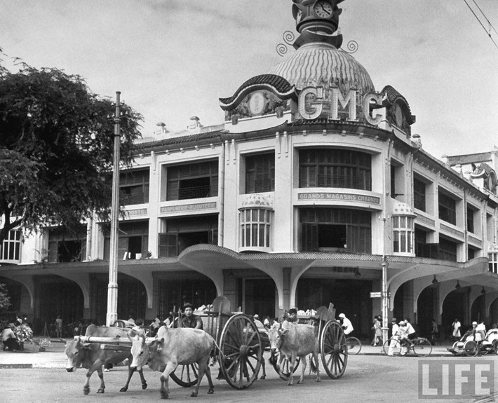 Xe bò kéo chạy qua thương xá Grands Magasins Charner, sau này là thương xá Tax ở Sài Gòn.