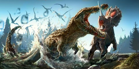 3. Deinosuchus. Người ta coi cá sấu hiện đại là một loài khủng long sống, nhưng trước đây cá sấu từng săn và ăn thịt những con khủng long bạo chúa T-Rex. Deinosuchus là một loài cá sấu đã tuyệt chủng sống trong kỷ Phấn trắng. Trong tiếng Hy Lạp, Deinosuchus có nghĩa là "cá sấu khủng khiếp".