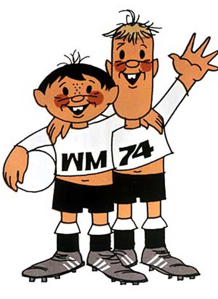 Linh vật của World Cup Tây Đức 1974 là Tip và Tap, hai chú bé mặc áo đồng phục của đội tuyển Tây Đức với dòng chữ WM (viết tắt của từ tiếng Đức Weltmeisterschaft, nghĩa là World Cup) và con số 74. Ảnh: Pinterest.