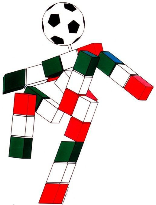 Linh vật World Cup Italia 1990 là sự "đột phá" so với các World Cup trước. Đó là Ciao, một cầu thủ được tạo nên từ các cây gậy mang màu cờ Italia, và đầu là trái bóng. Trong tiếng Italia, "ciao" là câu chào thông dụng. Ảnh: Pinterest.