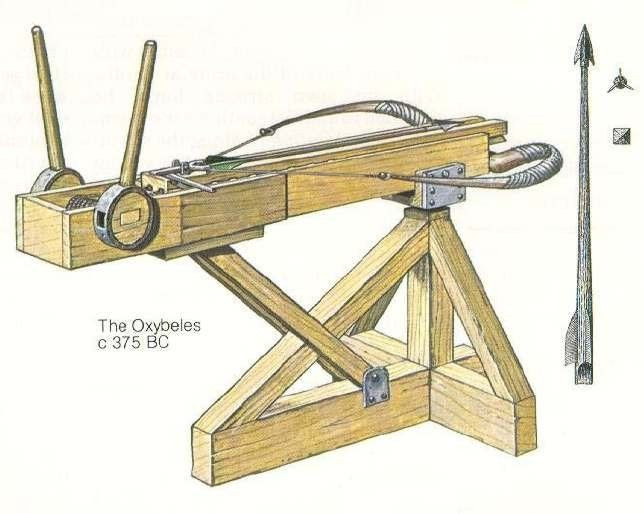 Oxybeles là một loại vũ khí “công nghệ cao” được người Hy Lạp sử dụng từ năm 375 trước công nguyên. Đây là một chiếc nỏ cỡ lớn đặt trên giá đỡ, bắn ra những mũi tên có khả năng xuyên giáp hạng nặng, với tầm bắn xa hơn nhiều so với nỏ thông thường. Loại vũ khí này được sử dụng phổ biến trong đội quân của Alexander Đại đế xứ Macedon.