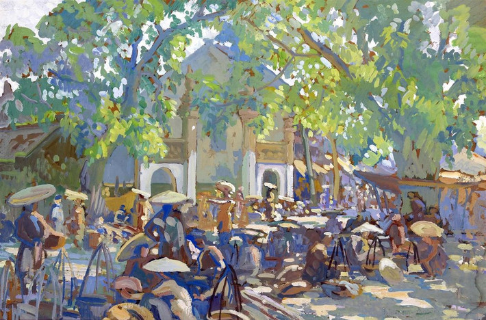 Chợ làng Bưởi vùng ven Hà Nội. Tranh của Jos-Henri Ponchin (1897-1981) Mời quý độc giả xem video: Áo dài truyền thống của người Việt. Nguồn: VTC.