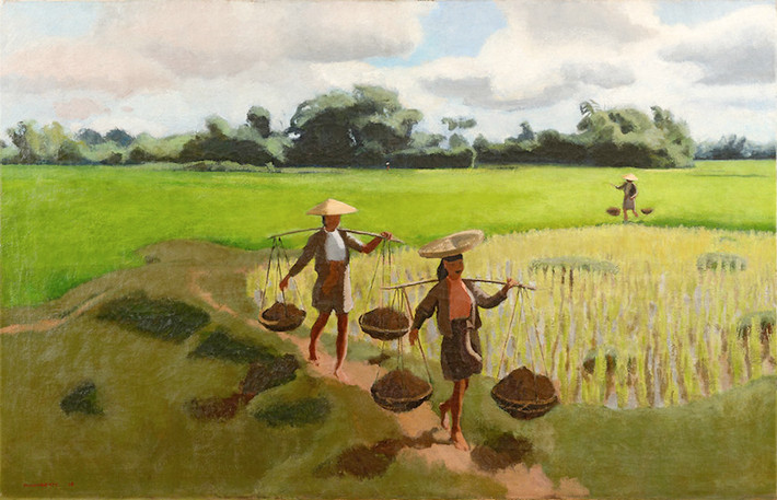 Nữ nông dân trên cánh đồng lúa. Tranh của Joseph Inguimberty (1896-1971), người được mệnh danh là "họa sĩ của đồng bằng Bắc Bộ".