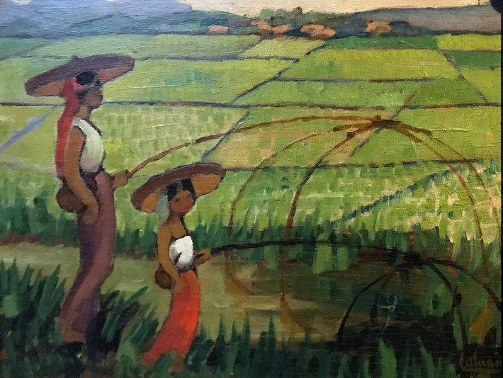 Kéo vó trên đồng lúa. Tranh sơn dầu của Léa Lafugie (1890-1972).