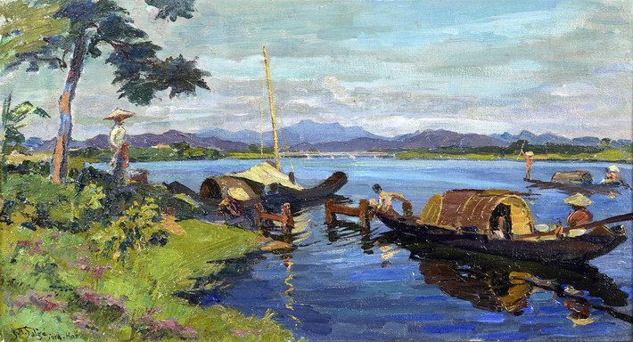 Sông Hương, Huế. Tranh của Gustave Martinien Salgé (1878-1946), sơn dầu trên vải, 1914.