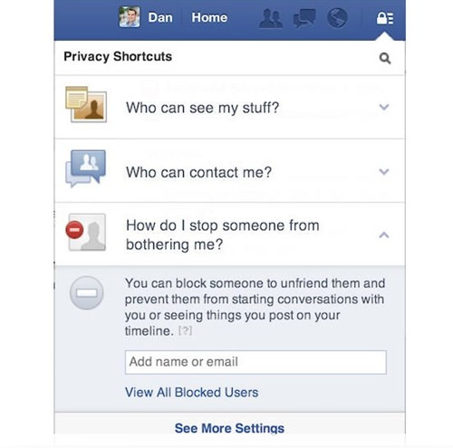 3. Chặn các ứng dụng, lời mời khó chịu trên Facebook. Một loạt các lời mời ứng dụng gửi đến tài khoản Facebook bạn mỗi ngày khiến bạn vô cùng khó chịu, đồng thời còn khiến trang cá nhân bạn lộn xộn. Hãy kích chuột vào biểu tượng khóa ở góc phải màn hình, nó sẽ hiện ra bảng Privacy shortcuts (lối tắt quyền riêng tư), chọn mục How do I stop someone from bothering me? (Làm thế nào để ngăn ai đó làm phiền tôi) và điền thông tin.