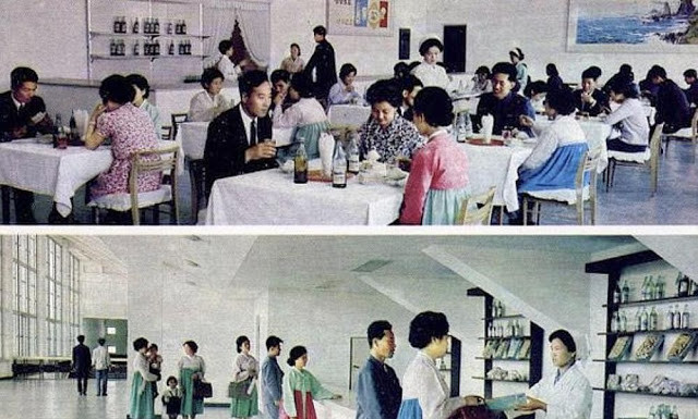Du khách thưởng thức ẩm thực Triều Tiên tại một nhà hàng cao cấp ở Bình Nhưỡng, 1976. Ảnh: Retro DPRK.