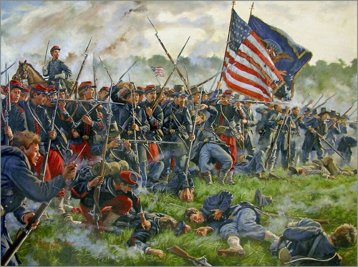 5. Trận Antietam (1862) (Nội chiến Hoa Kỳ). Quốc gia: Liên bang miền Bắc vs. Liên minh miền Nam. Số thương vong: Khoảng 23.000 người trong một ngày. Ý nghĩa: Trận đánh đẫm máu nhất trong một ngày duy nhất trong lịch sử Hoa Kỳ, dẫn đến tuyên bố Giải phóng Nô lệ của Abraham Lincoln. Ảnh: Pinterest.