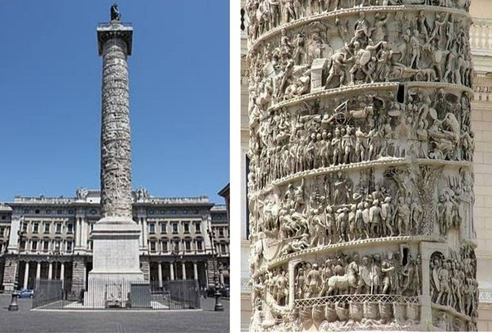10. Cột Marcus Aurelius. Niên đại: Khoảng năm 193 SCN. Đặc điểm: Tương tự như cột Trajan, cột Marcus Aurelius cũng có các phù điêu kể lại các cuộc chiến tranh của Hoàng đế Marcus Aurelius. Nó mang đậm phong cách hiện thực, thể hiện bạo lực và sự tàn phá của chiến tranh. Ảnh: Pinterest.