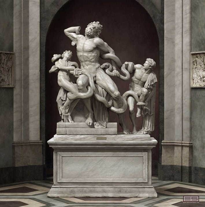 4. Tượng Laocoön và các con trai. Niên đại: Khoảng thế kỷ 1 TCN hoặc 1 SCN. Đặc điểm: Đây là một tác phẩm điêu khắc phức tạp mô tả Laocoön và hai người con trai của ông bị tấn công bởi các con rắn khổng lồ, thể hiện sự đau đớn và tuyệt vọng với kỹ thuật điêu khắc tinh xảo. Ảnh: Pinterest.