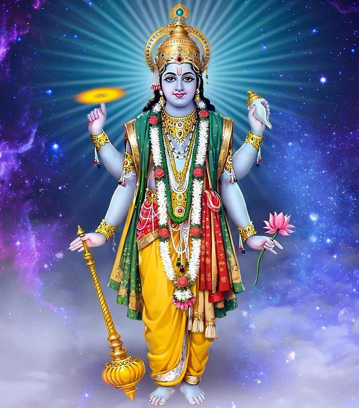 2. Vishnu – Thần Bảo hộ. Vishnu là vị thần của sự bảo hộ, duy trì và bảo vệ thế giới. Ông thường được miêu tả với màu da xanh dương, cầm vũ khí và biểu tượng như đĩa chakra, hoa sen. Vishnu thường hiện thân thành các hóa thân (avatar), nổi tiếng nhất là Rama và Krishna. Ảnh: Pinterest.Ảnh: Pinterest.
