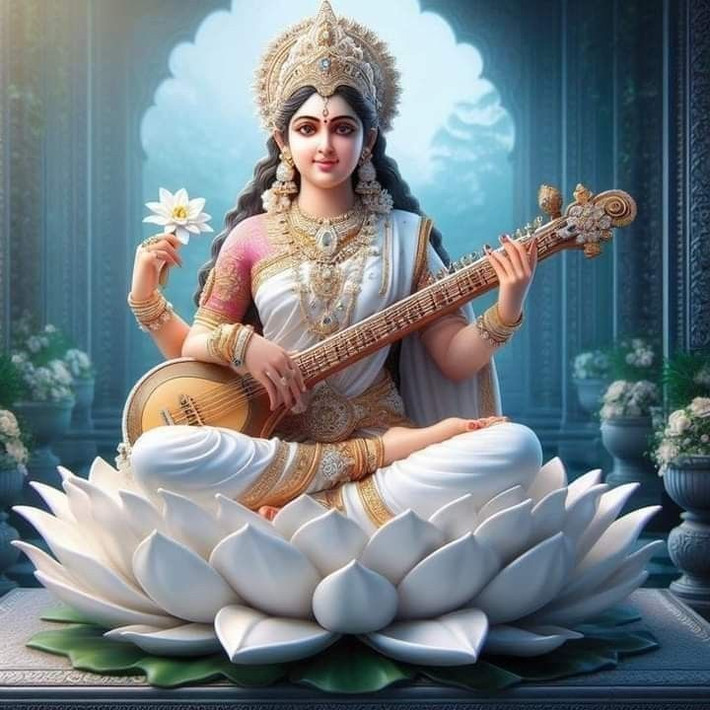 5. Saraswati – Nữ thần của Trí tuệ và Nghệ thuật. Saraswati là nữ thần của học tập và các môn nghệ thuật. Bà là vợ của Brahma và thường được thờ cúng bởi những học giả và nghệ sĩ. Saraswati thường được miêu tả ngồi trên hoa sen hoặc một con thiên nga, tay cầm đàn veena. Ảnh: Pinterest.Ảnh: Pinterest.