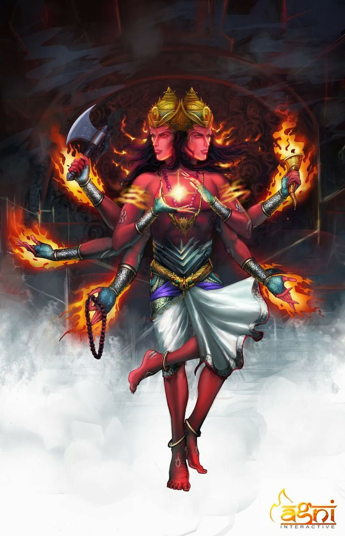15. Agni – Thần Lửa. Agni là thần lửa và đóng vai trò quan trọng trong các nghi lễ hiến tế (yajna). Ông được coi là sứ giả giữa con người và các vị thần. Ông thường được miêu tả với ba khuôn mặt, tượng trưng cho ba khía cạnh của lửa: trên trời, trên đất và trong không khí. Ảnh: Pinterest.