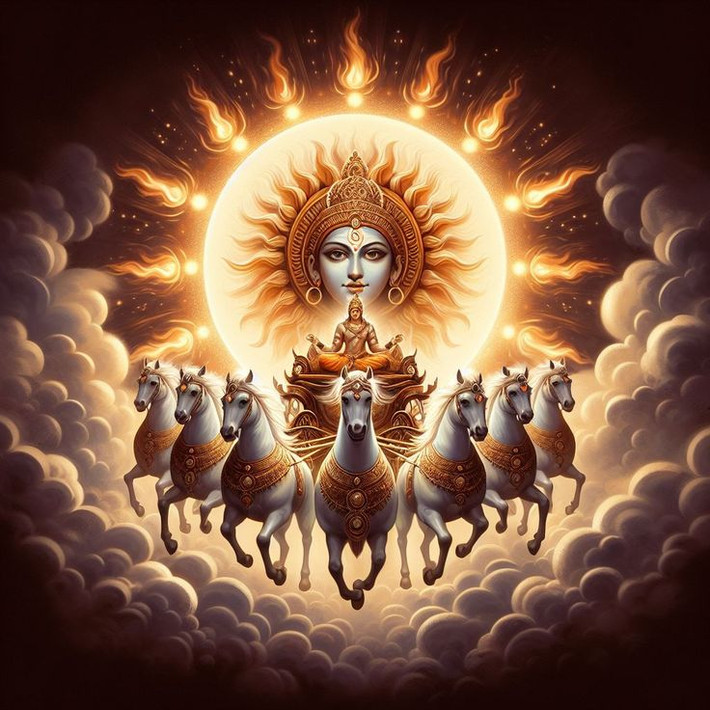 13. Surya – Thần Mặt Trời. Surya là thần mặt trời và được coi là nguồn sống, ánh sáng và năng lượng. Surya thường được thờ cúng vào buổi sáng bởi những người cầu nguyện cho sức khỏe và thịnh vượng. Ông được miêu tả cưỡi xe ngựa kéo bởi bảy con ngựa tượng trưng cho bảy ngày trong tuần. Ảnh: Pinterest.Ảnh: Pinterest.