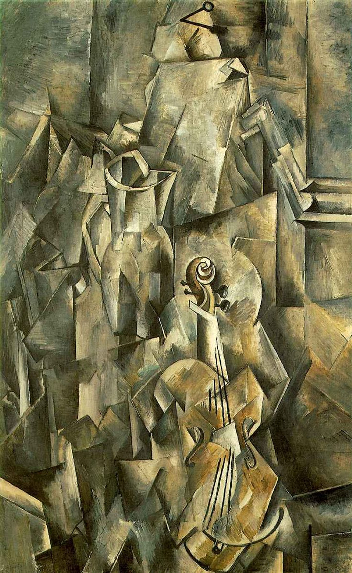 2. Violon et Compotier (1910) – Georges Braque. Braque đã kết hợp các yếu tố của nhiều vật thể như cây đàn violin và tô trái cây trong một không gian bị bóp méo, với màu sắc đơn giản, tập trung vào các hình khối và sự phức tạp trong phối cảnh. Ảnh: Pinterest.