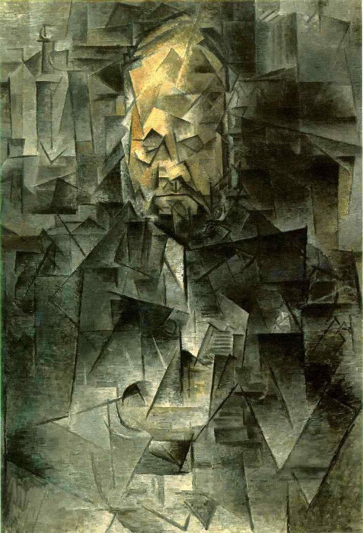 14. Portrait of Ambroise Vollard (1910) – Pablo Picasso. Picasso đã vẽ chân dung của người buôn tranh Ambroise Vollard bằng cách chia khuôn mặt và cơ thể ông thành các khối lập thể phân tích, phản ánh sự quan tâm của ông đến việc thể hiện đối tượng từ nhiều góc nhìn khác nhau. Ảnh: Pinterest.
