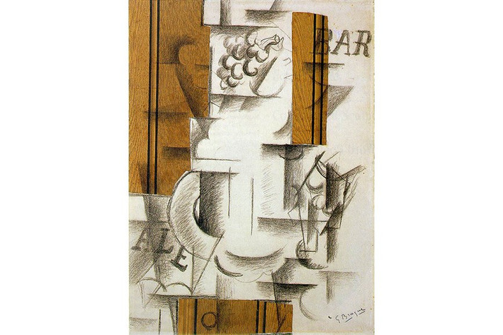 10. Fruit Dish and Glass (1912) – Georges Braque. Đây là một tác phẩm điển hình của giai đoạn lập thể tổng hợp, trong đó Braque đã kết hợp các yếu tố thực tế từ cuộc sống hàng ngày,như giấy báo và các vật dụng, với các khối hình trừu tượng. Ảnh: Pinterest.