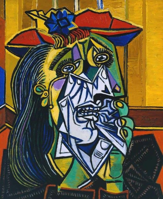 7. The Weeping Woman (1937) – Pablo Picasso. Bức chân dung này của Picasso mô tả một người phụ nữ đang khóc với khuôn mặt bị phân tán thành nhiều hình khối. Đây là sự tiếp nối của đề tài Guernica, bày tỏ nỗi đau và sự mất mát qua lăng kính lập thể. Ảnh: Pinterest.