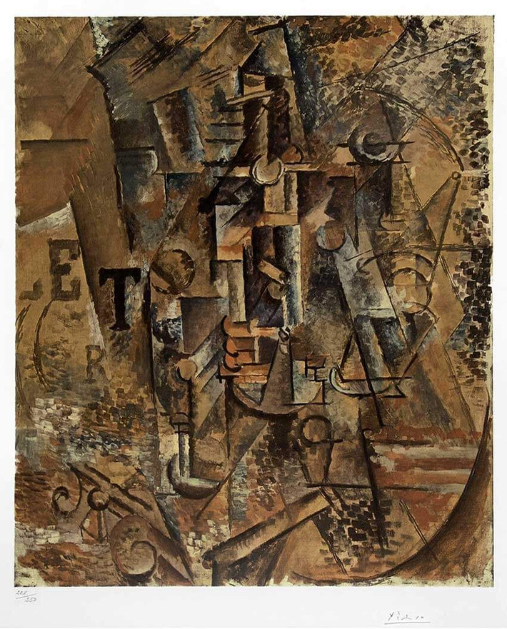 9. Still Life with a Bottle of Rum (1911) – Pablo Picasso. Bức tranh này là một ví dụ điển hình của chủ nghĩa lập thể phân tích, trong đó các vật thể, như chai rượu và cốc, được chia thành các hình khối trừu tượng với màu sắc đơn sắc. Ảnh: Pinterest.