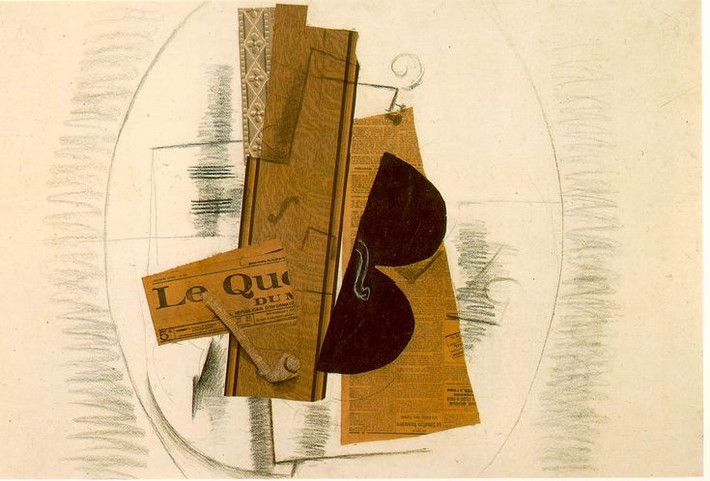 6. Violon et Pipe (Le Quotidien) (1913) – Georges Braque. Trong bức tranh này, Braque đưa vào các yếu tố của báo chí và vật dụng thường ngày, đẩy mạnh chủ nghĩa lập thể tổng hợp với sự pha trộn của các vật liệu khác nhau. Ảnh: Pinterest.