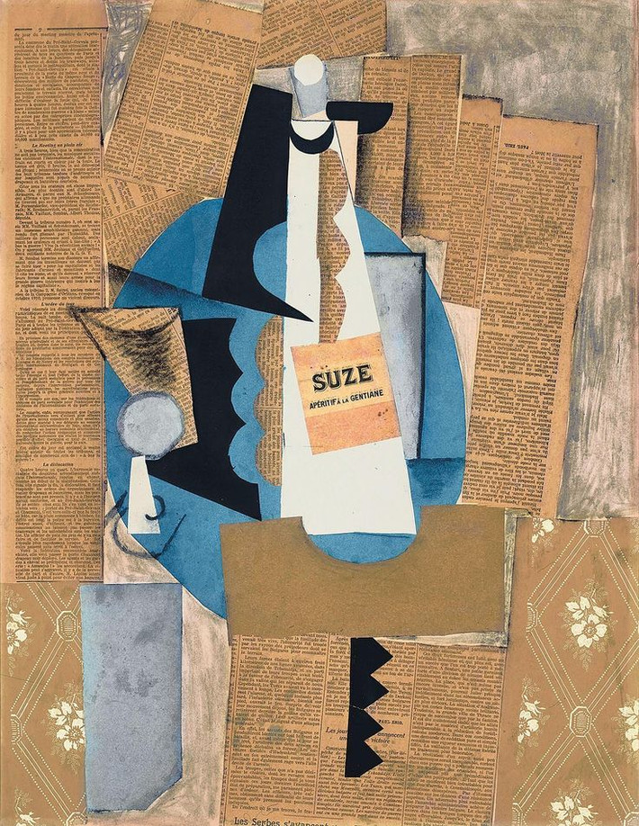 13. Glass and Bottle of Suze (1912) – Pablo Picasso. Một ví dụ điển hình của chủ nghĩa lập thể tổng hợp, bức tranh này kết hợp cắt dán giấy báo và hình ảnh các vật thể như ly rượu và chai rượu, tạo ra một sự tương phản giữa thực tế và hình học trừu tượng. Ảnh: Pinterest.