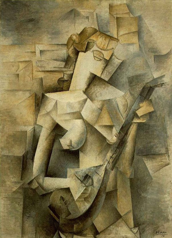 11. Woman with a Mandolin (1910) – Pablo Picasso. Trong bức tranh này, Picasso đã phá vỡ hình ảnh một người phụ nữ chơi đàn mandolin thành các khối hình học chồng chéo nhau, tạo ra cảm giác đối tượng đang chuyển động. Ảnh: Pinterest.