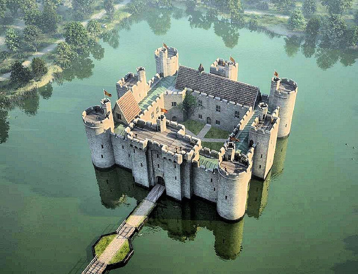8. Lâu đài Bodiam (Anh). Lâu đài Bodiam mang vẻ đẹp cổ kính với kết cấu như một pháo đài. Được xây dựng vào thế kỷ 14, công trình này thường được coi là biểu tượng của thời kỳ Trung cổ châu Âu. Ảnh: Pinterest.