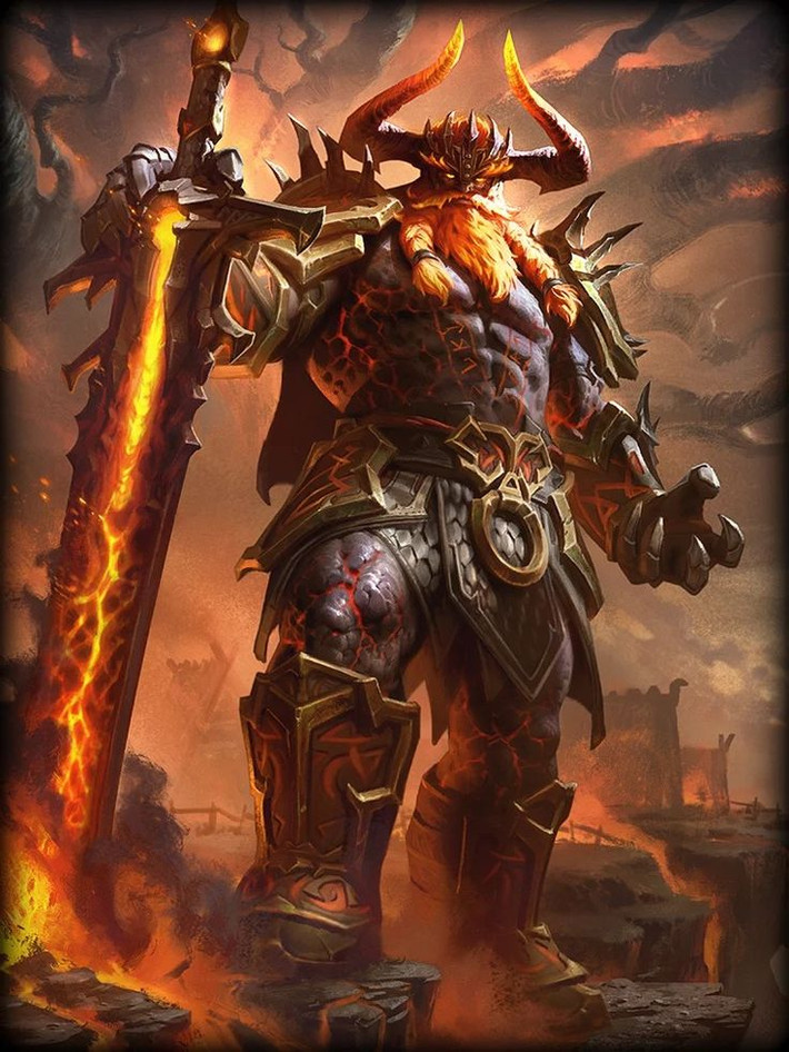 3. Surtr. Miêu tả: Người khổng lồ lửa sống ở Muspelheim, dẫn đầu quân đội của lửa và thiêu đốt thế giới trong trận Ragnarok. Sức mạnh: Mang thanh kiếm khổng lồ làm từ lửa, có khả năng phá hủy các thế giới. Ảnh: Pinterest.