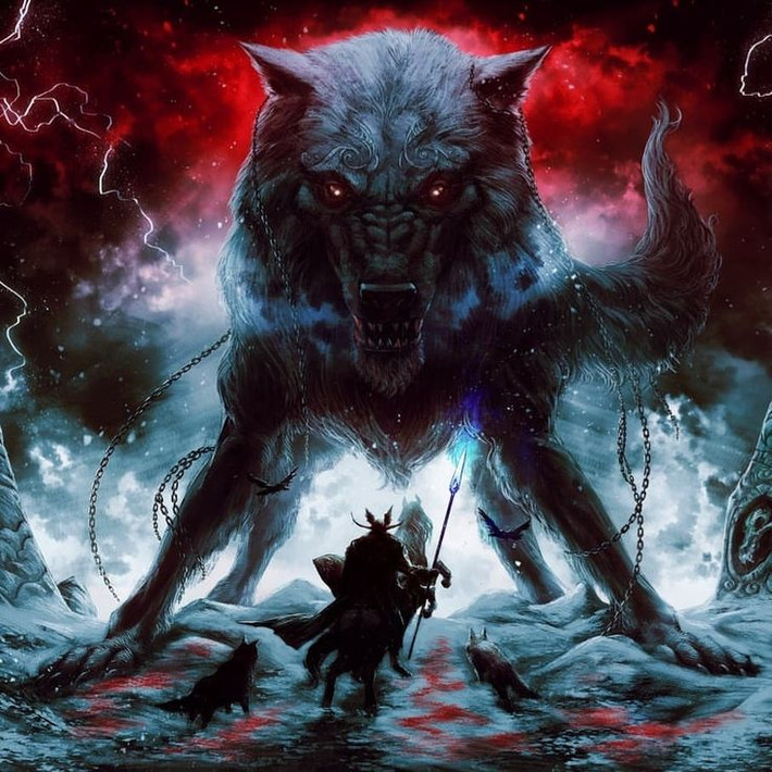 2. Fenrir. Miêu tả: Một con sói khổng lồ, cũng là con của Loki và Angrboda. Fenrir bị thần Odin bắt giam vì nó được tiên tri sẽ giết Odin trong Ragnarok. Sức mạnh: Có khả năng nuốt chửng cả mặt trời và trói buộc các vị thần trong sự sợ hãi. Ảnh: Pinterest.