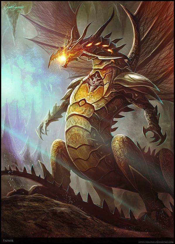 8. Fafnir. Miêu tả: Ban đầu là một người khổng lồ, Fafnir biến thành rồng do lòng tham lam và mong muốn giữ kho báu vàng. Sức mạnh: Phun lửa và bảo vệ kho báu vàng thần thánh. Ảnh: Pinterest.