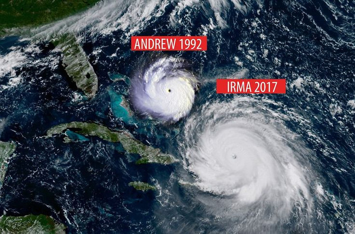 5. Bão Irma (2017) - Sức gió tối đa: 295 km/h. Bão Irma đã tàn phá các đảo Caribbean và phần lớn bang Florida ở Hoa Kỳ, trở thành một trong những cơn bão mạnh nhất từng được ghi nhận ở Đại Tây Dương. Ảnh: Pinterest.