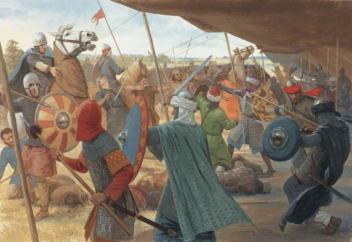 Chiến thuật phòng ngự của người Frank đóng vai trò quyết định. Charles Martel bố trí quân đội của mình thành đội hình kiên cố trên địa hình có lợi, buộc kỵ binh Umayyad phải tấn công trong điều kiện bất lợi. Ảnh: Pinterest.