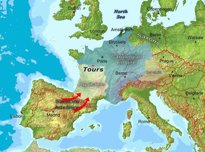 Trận đánh diễn ra giữa người Frank và quân Umayyad. Người Frank do Charles Martel chỉ huy đã đối đầu với quân đội Hồi giáo Umayyad do Abdul Rahman Al Ghafiqi lãnh đạo trong trận đánh quyết định ở gần Tours, thuộc vùng trung tây nước Pháp ngày nay. Ảnh: Pinterest.