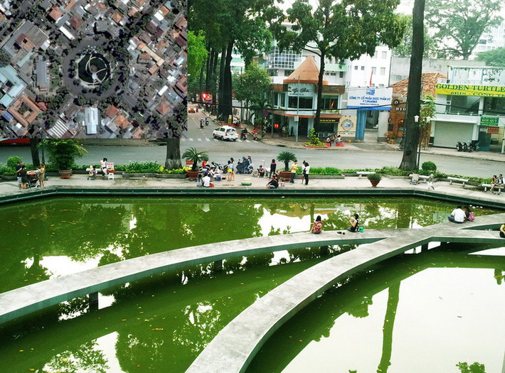 Hồ Con Rùa là tên gọi dân gian của một vòng xoay giao thông có đài phun nước, ở trung tâm TP HCM. Công trình được xây dựng vào cuối thập niên 1960, đầu 1970 với một hồ phun nước hình bát giác lớn, có 4 đường đi bộ xoắn ốc đồng hướng đến khu vực trung tâm là đài tưởng niệm và hình tượng con rùa bằng hợp kim. Theo các giai thoại, hồ Con Rùa là một công trình trấn yểm long mạch Sài Gòn của chính quyền Sài Gòn trước 1975. Ảnh: Hoàng Trần Nghị.