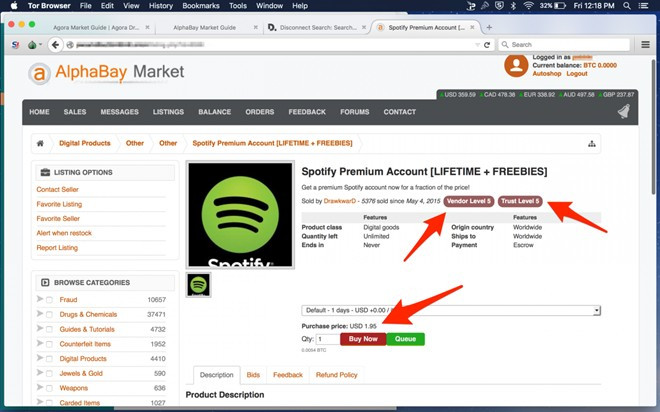Nhiều tài khoản Spotify Premium ăn cắp được rao bán với mức giá chỉ 2 USD. Người bán được định mức “5 sao”, cho thấy đây là dịch vụ phổ biến. Nhiều tài khoản dịch vụ khác cũng có thể được tìm thấy.