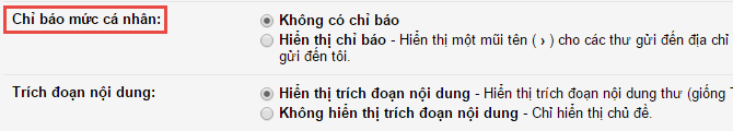 6. Kích hoạt ký hiệu phân biệt email gửi cá nhân và email gửi hàng loạt. Bạn có thể kích hoạt tính năng Chỉ báo mức cá nhân trong phần Cài đặt -> Chung. Sau này, nếu nhận một email được gửi hàng loạt (và bạn là 1 trong những người nhận email đó) thì email sẽ có biểu tượng >>, còn nếu email chỉ được gửi đến một mình bạn thì sẽ có biểu tượng >, một cách phân biệt rất nhanh chóng.