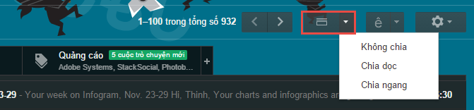 3. Kích hoạt cửa sổ xem trước (Preview Panel). Ít ai biết Gmail cũng có khả năng chia đôi màn hình (một bên hiển thị danh sách email, một bên hiển thị nội dung của email đã chọn) giống như app Gmail cho tablet Android và iPad. Trước hết, bạn cần kích hoạt khả năng bật tính năng chia đôi màn hình trong phần Cài đặt -> Lab -> chọn Bật ở tính năng Ngăn xem trước -> Lưu thay đổi. Lúc này, bạn sẽ thấy một nút mới xuất hiện (được đánh dấu đỏ), bấm vào nút mũi tên bên cạnh nó rồi chọn kiểu chia đôi màn hình (Không chia, Chia ngang hoặc Chia dọc).