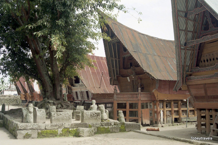 Những ngôi nhà sàn hình thuyền của người Batak Toba ở Samosir, hòn đảo giữa hồ Toba, Sumatra, Indonesia năm 1998. Ảnh: Tobeytravels Flickr.