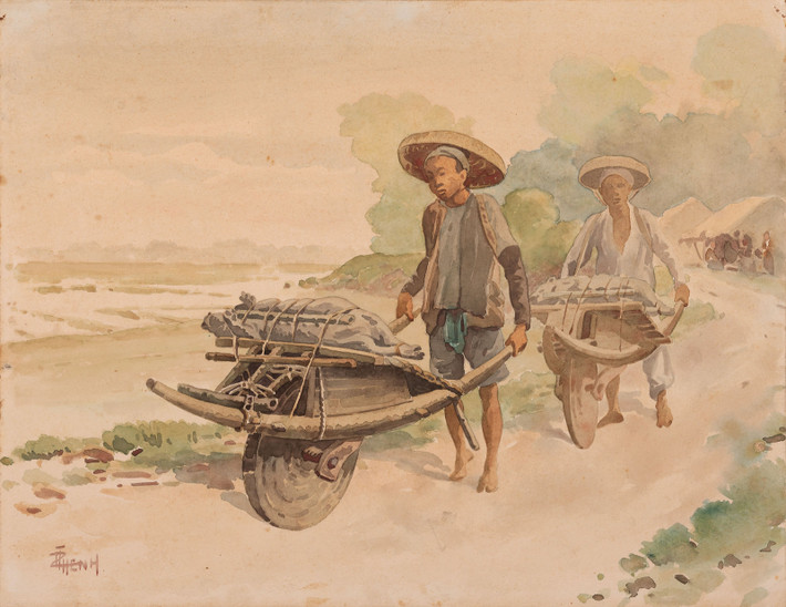 "Người bán lợn," màu nước trên giấy, khoảng năm 1930. Gia đình họa sĩ đã sống mấy đời ở phố cổ Hà Nội, tại địa chỉ mà ngày nay là số 14 phố Hàng Cá.
